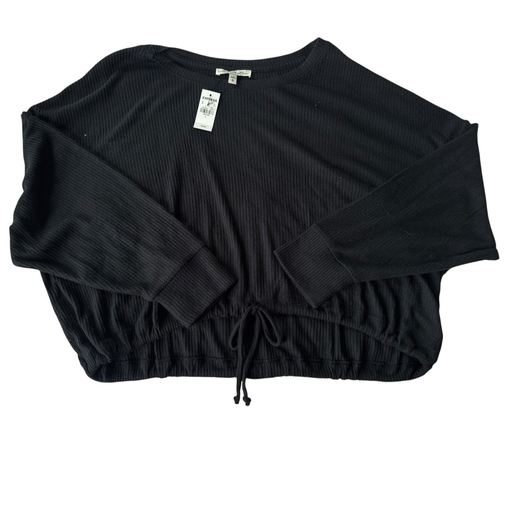 EXPRESS NWT‎ Black Ribbed Drawstring Long Sleeve Top Women's Size L